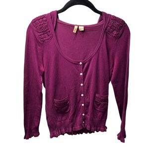 Anthropologie Moth Purple Cotton Hooded Cardigan Crochet Lace Shoulder Small